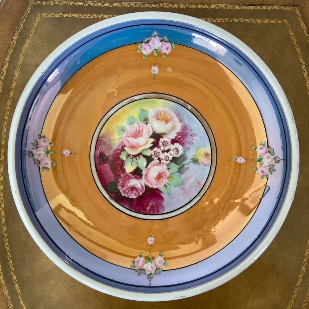 🖤 Vintage Noritake Hand Painted Lusterware Large Shallow Bowl Peach Blue Floral